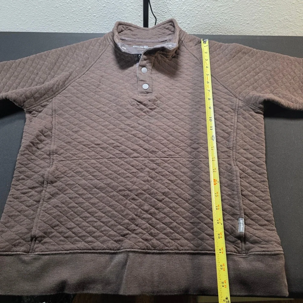 Eddie Bauer Men SZ M Brown Quilted Snap Neck Pullover Sweatshirt Kangaroo Pocket